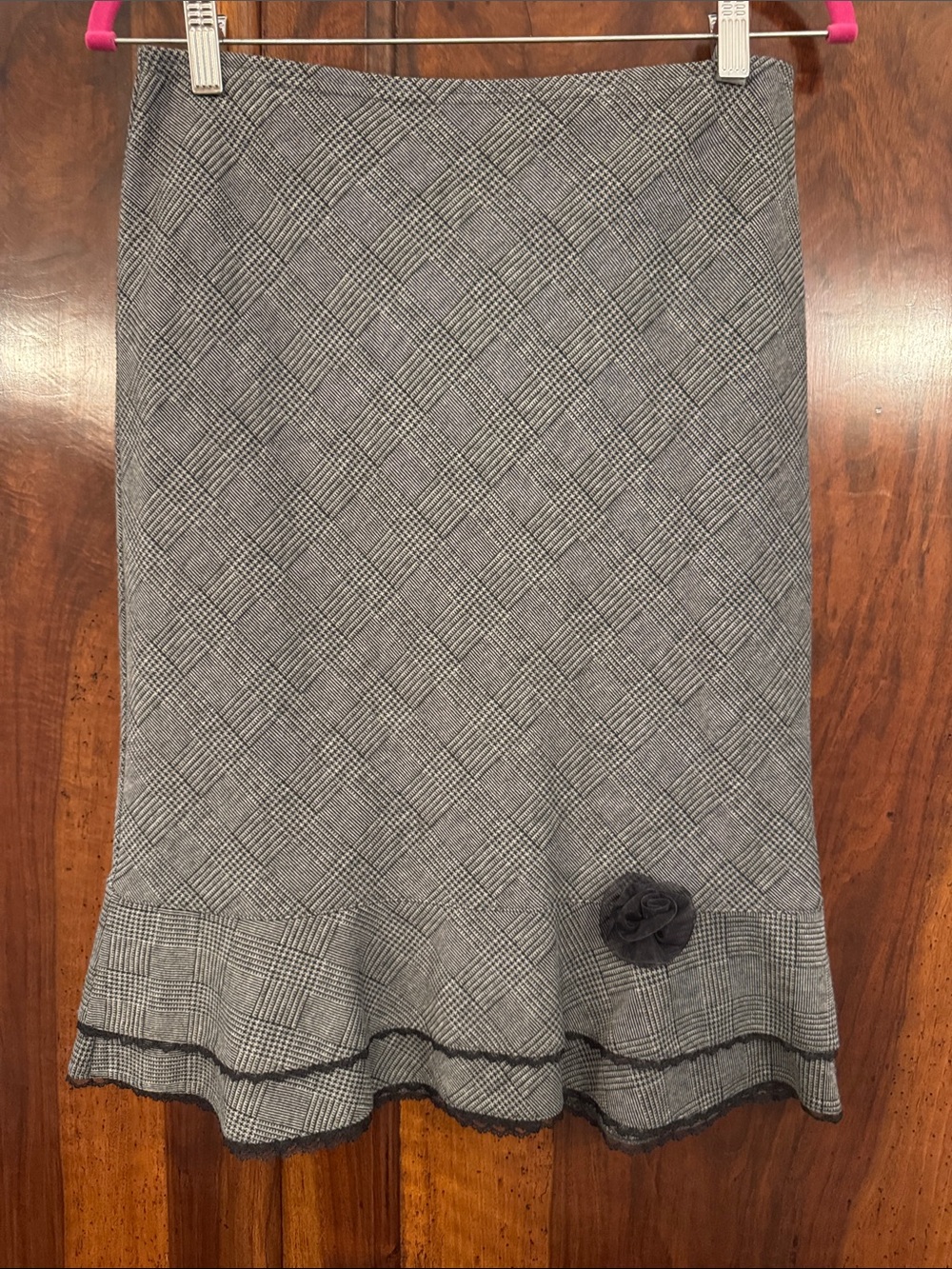 Express Gray Plaid Midi Skirt with Ruffle Hem